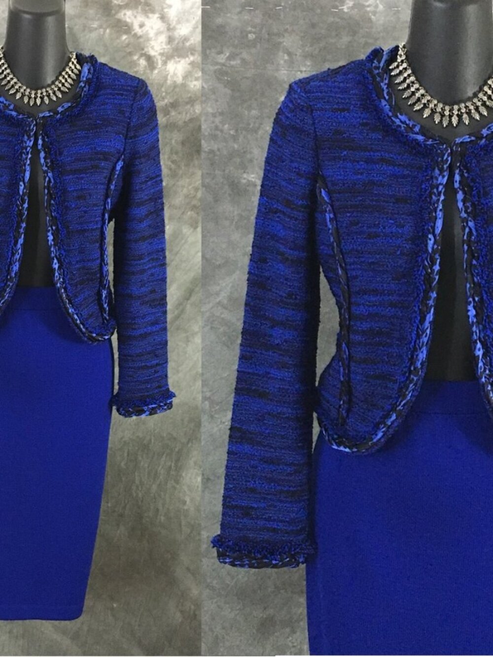BEAUTIFUL St John knit blue black multi jacket skirt suit size 2